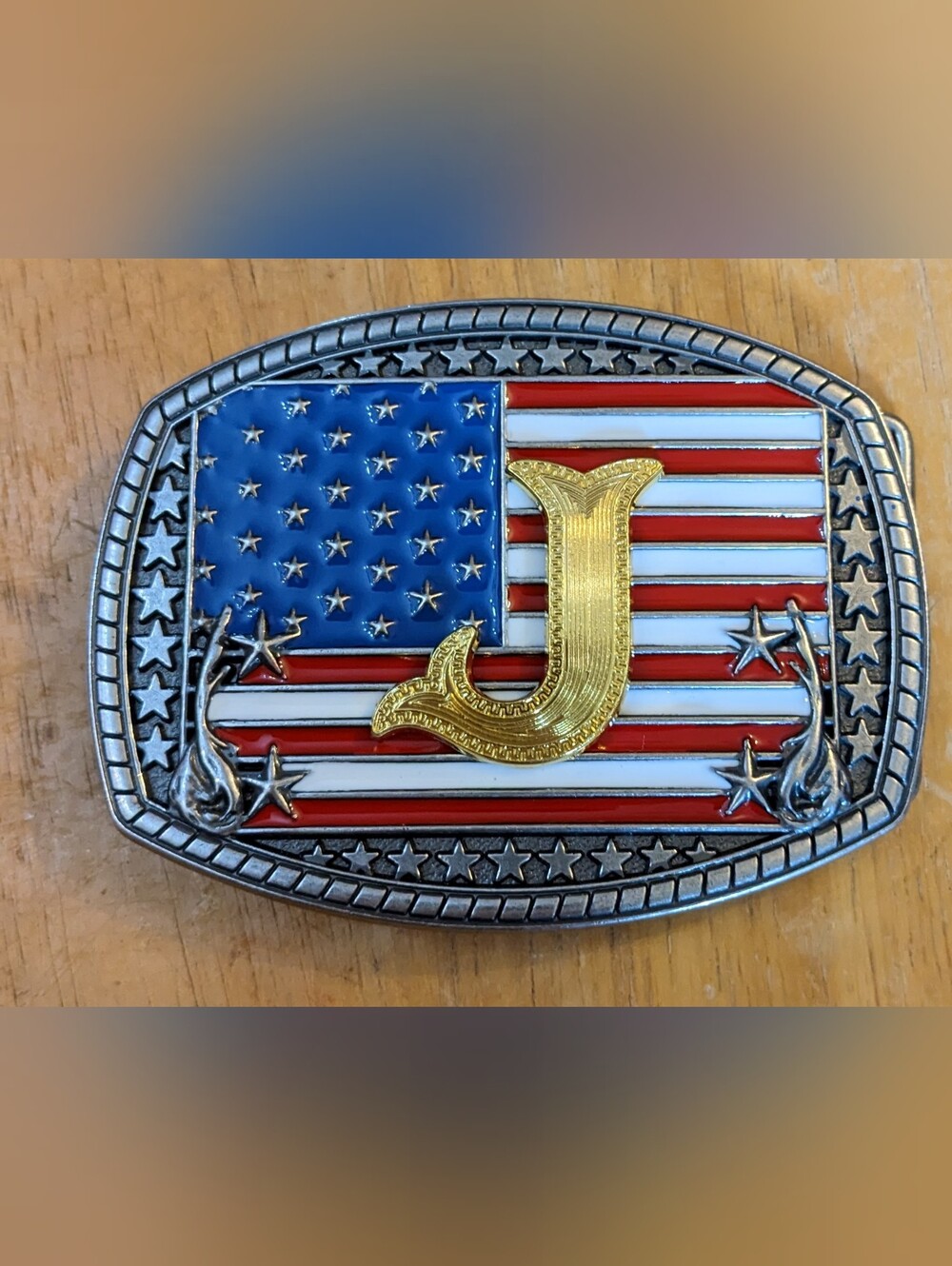 Western American Flag Belt Buckle Gold-tone Letter J Patriotic Cowboy, TM2-B1F